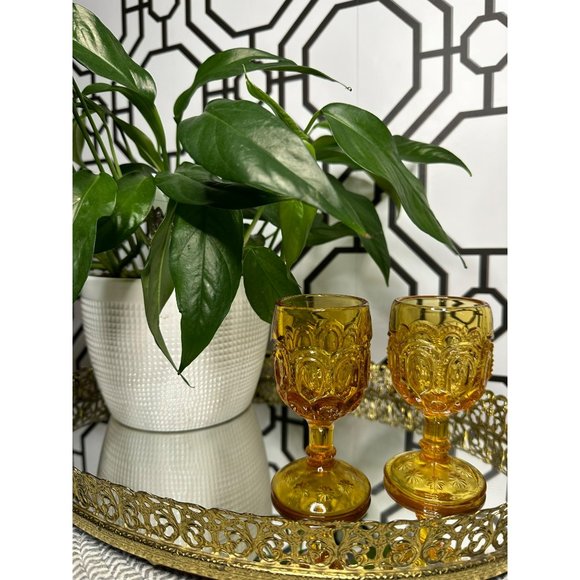 Le Smith Mini Amber Wine Glass Goblet - Moon & Star - Set Of 2 - Picture 1 of 9